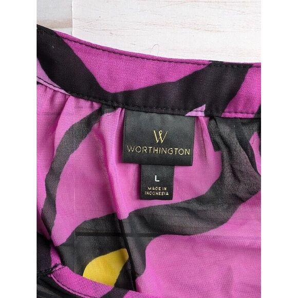 Worthington Size Large Pink Black‎ Floral Womens Split V Neck Blouse - Picture 2 of 7